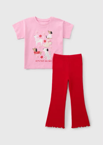 Girls Red Puppy Top & Flared Legging Set (1-8yrs)