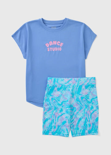 ouluxe Girls Blue Dance Studio Top & Cycling Short Set (7-15yrs)