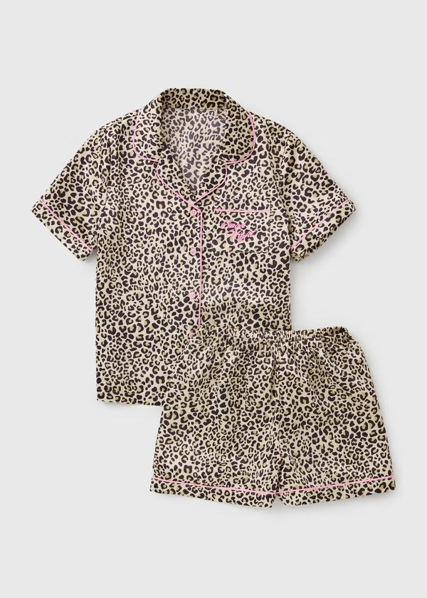 Girls Beige Leopard Satin Short Pyjama Set (4-13yrs)